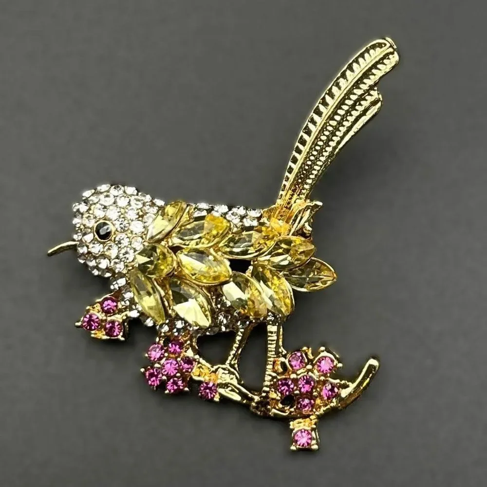 Yellow Gold with Citrine and Diamond Crystal Bird with Flower Pin Back Brooch